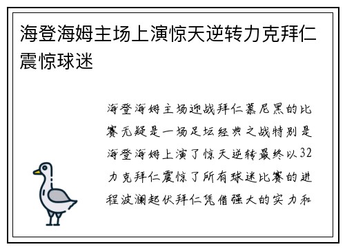 海登海姆主场上演惊天逆转力克拜仁震惊球迷